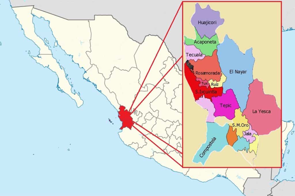 Nayarit y sus municipios en el mapa de la republica mexicana.
