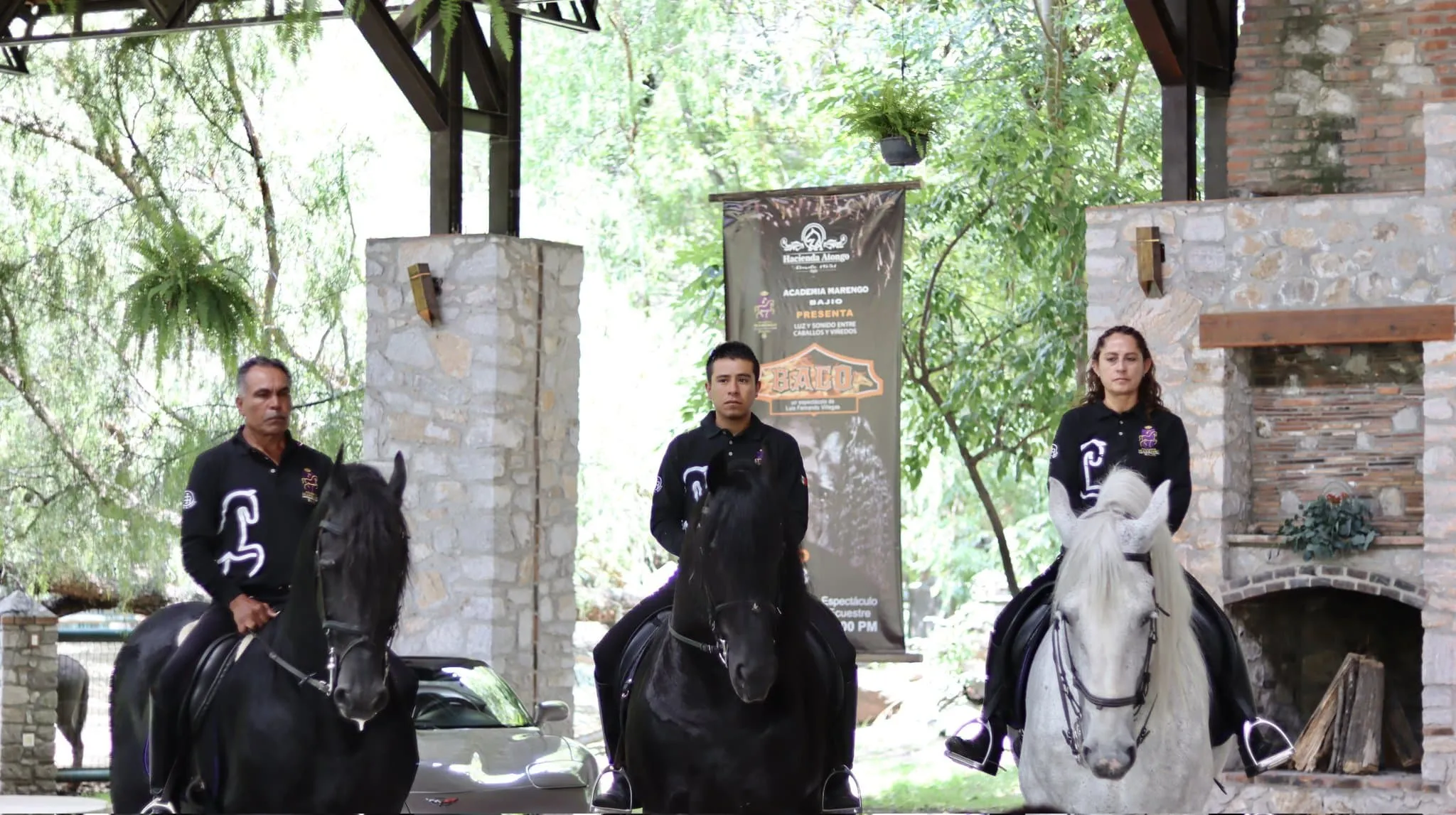 Jinetes montando caballos negros y blancos