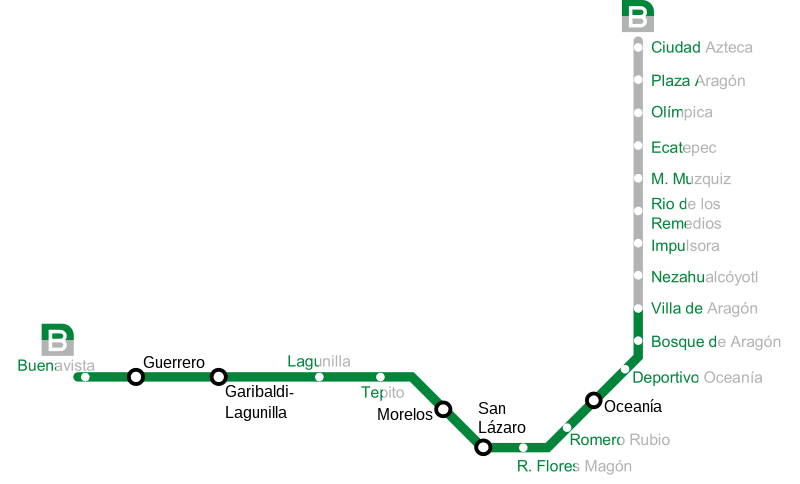 Mapa del metro de la CDMX. Línea B: Ciudad Azteca - Buenavista