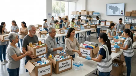 Centros de acopio para Venezuela en Ciudad de México con ciudadanos entregando alimentos, agua, medicinas y artículos de primera necesidad para apoyar a las víctimas de los terremotos ocurridos el 24 de junio de 2026.